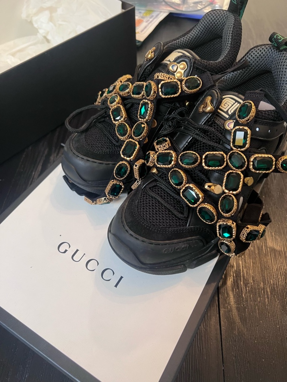 Gucci Black Sneakers with Gold and Emerald Jeweled Straps